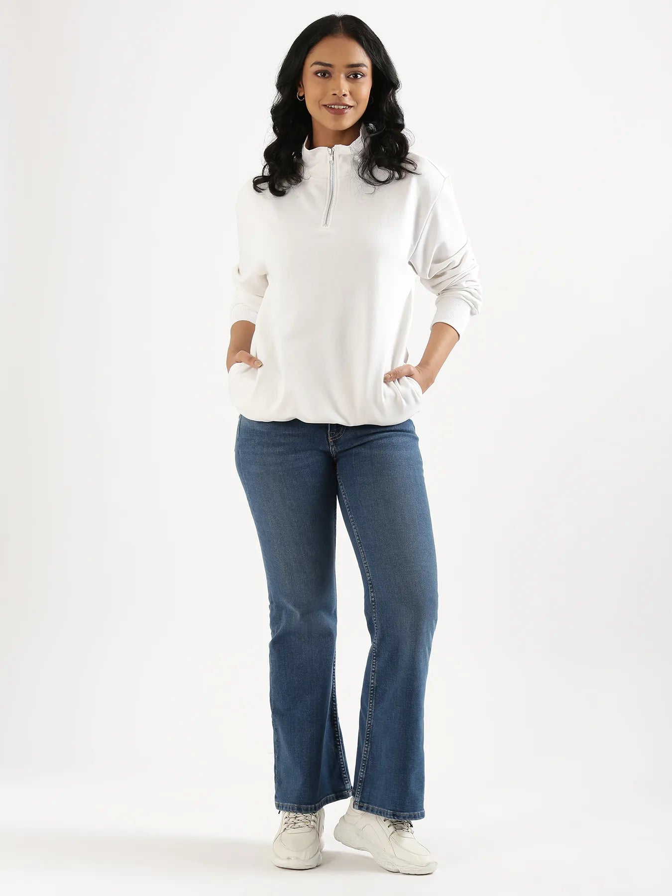 Unisex White Zip Neck Sweatshirt