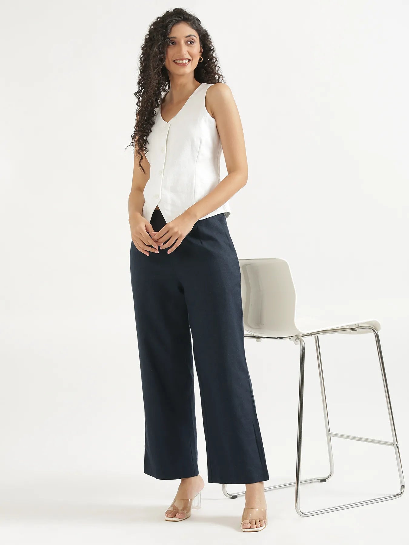 Women Navy Blue Linen Blend Wide Leg Pant