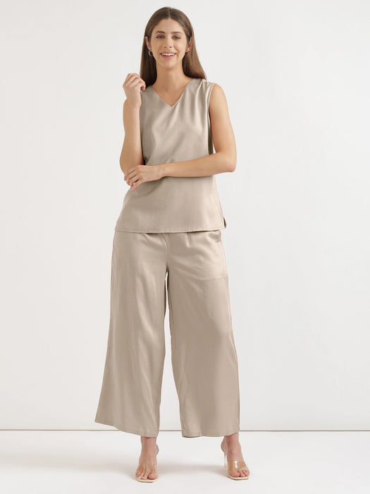 Women Taupe V-Neck Sleeveless Top