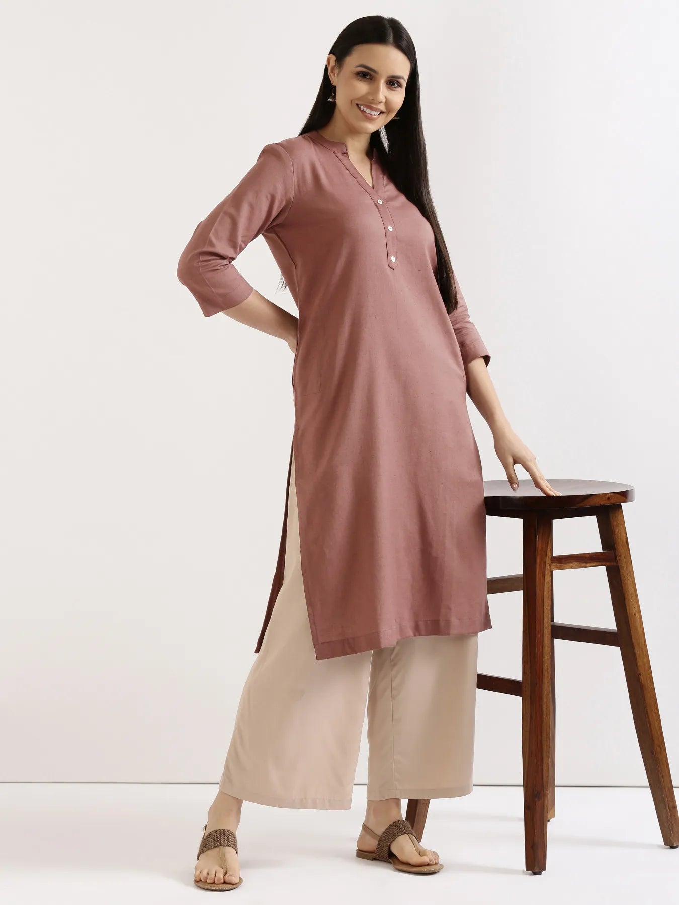 Women Rose Taupe Airy Linen Long Kurta & Beige Viscose Palazzo Pant Set