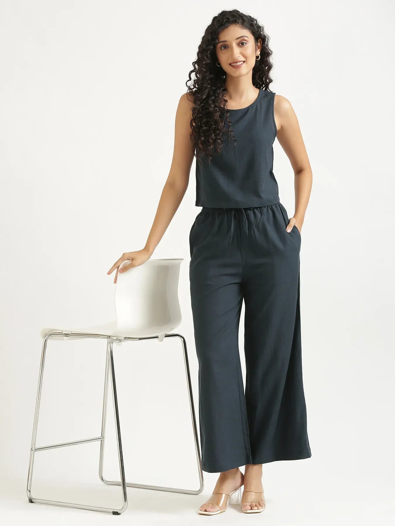 Women Navy Blue Flowy Linen Pant Set