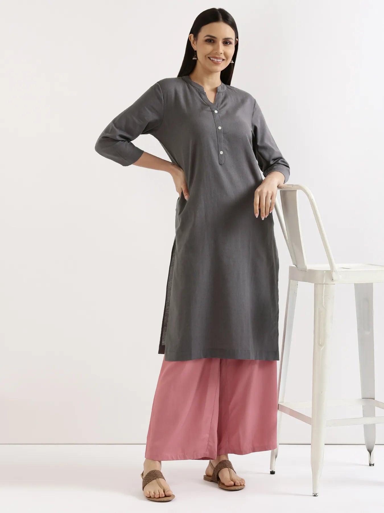 Women Slate Grey Airy Linen Long Kurta & Rose Viscose Palazzo Pant Set