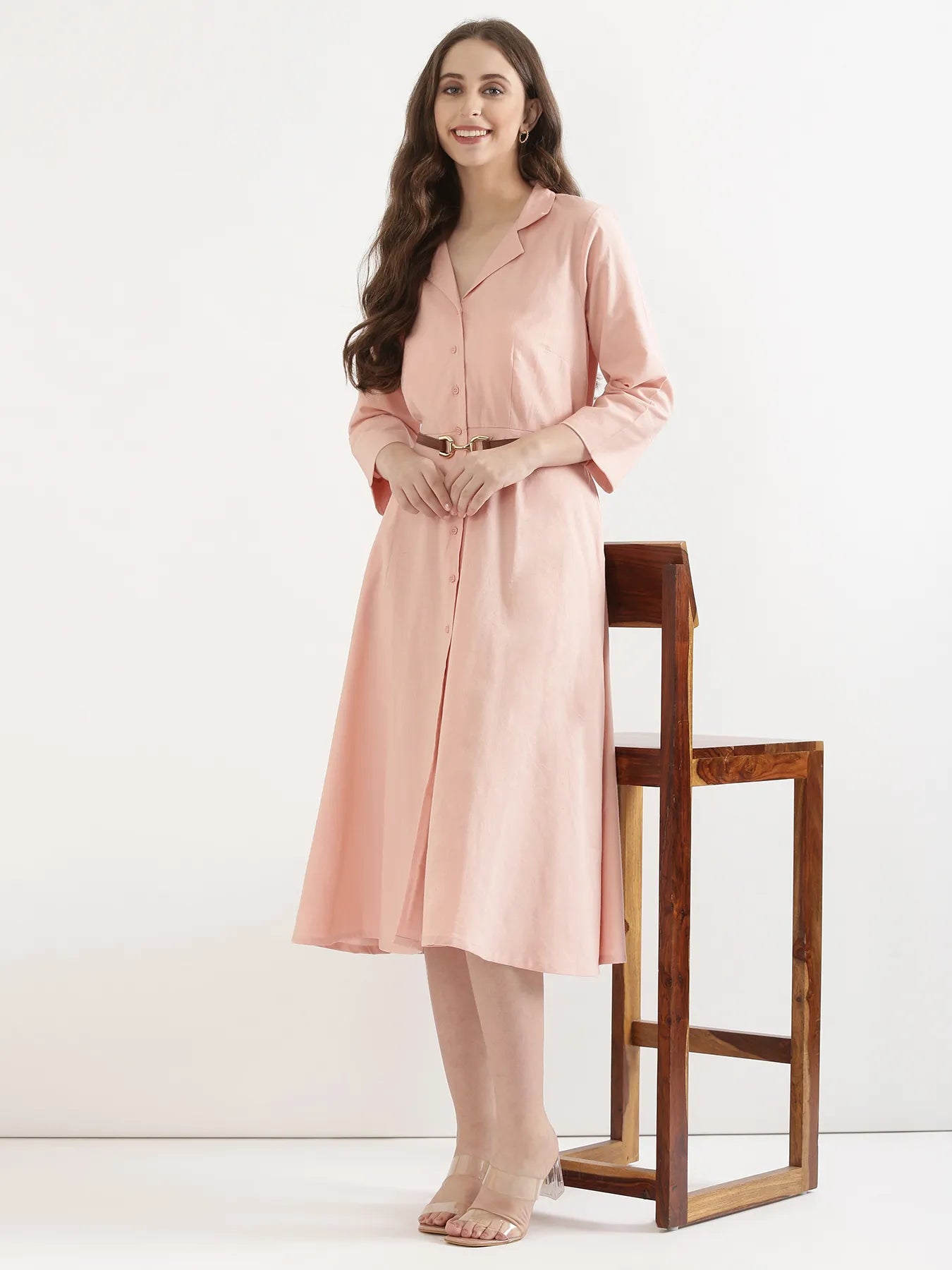 Women Salmon Pink Airy Linen Flared Dress