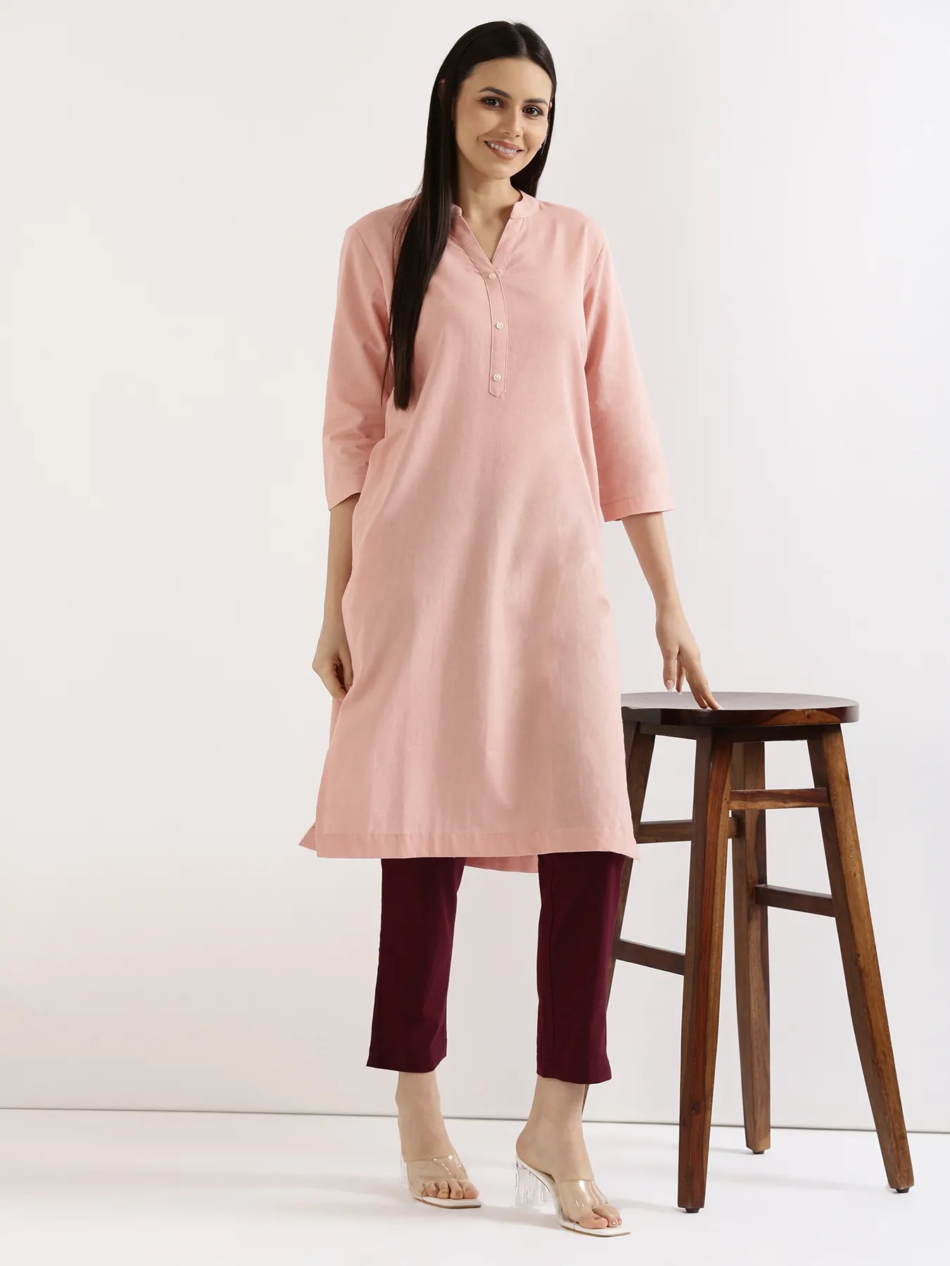Women Salmon Pink Airy Linen Long Kurta