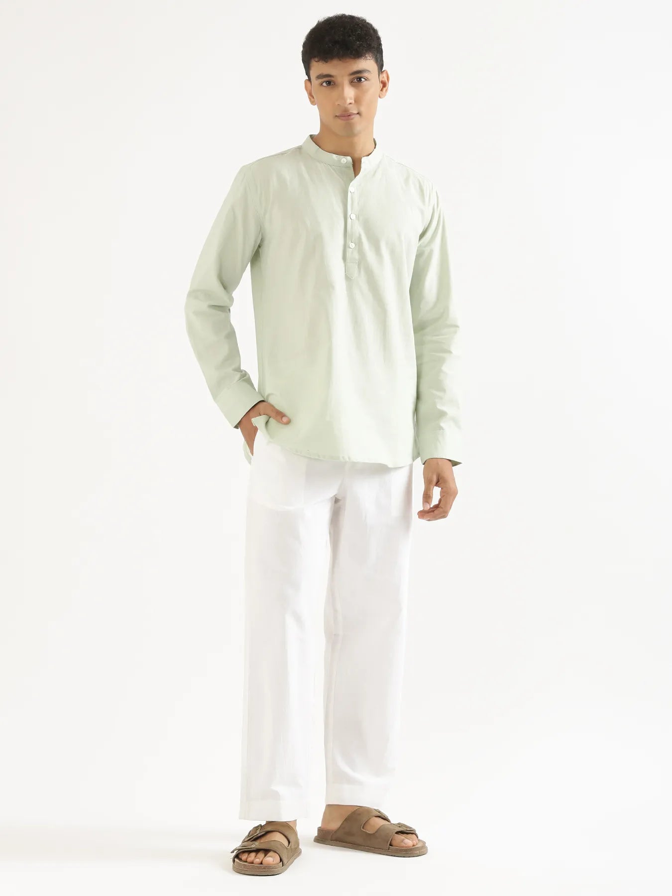 Men Mint Green Airy Linen Short Kurta