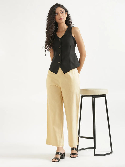 Women Beige Linen Blend Wide Leg Pant