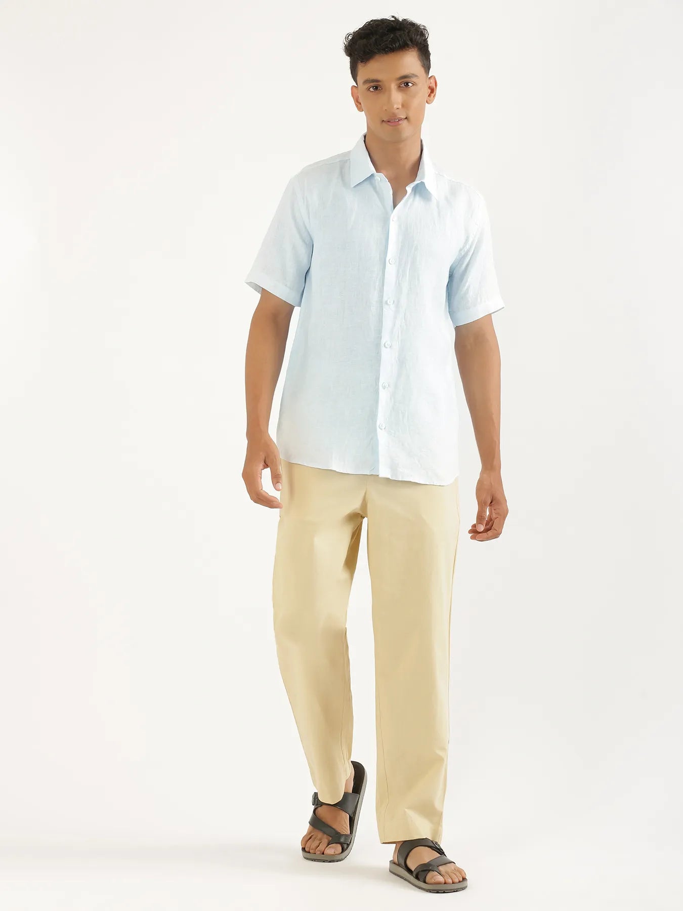 Men Light Blue Pure Linen Short Sleeve Shirt