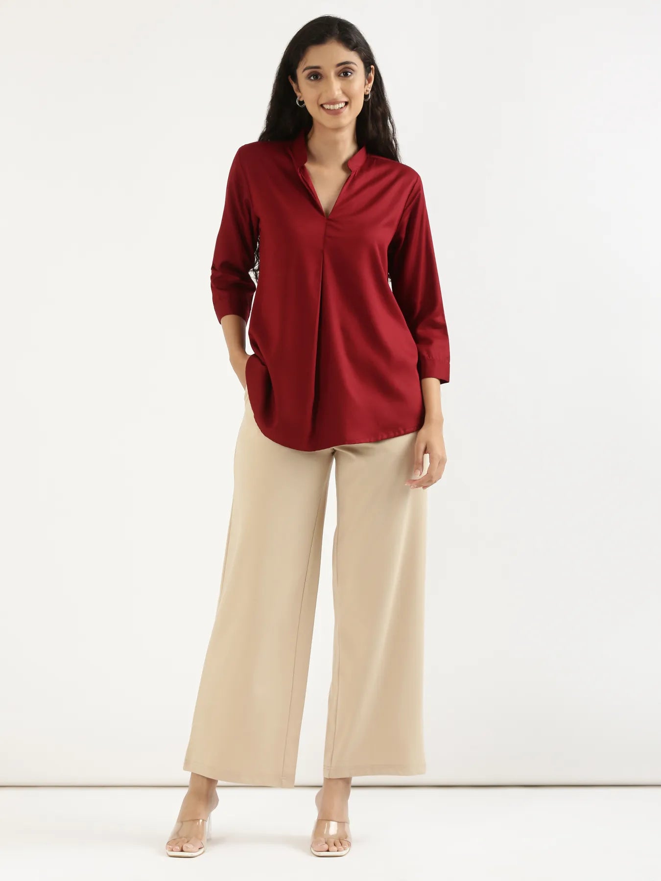 Women Maroon Viscose Pleated Top