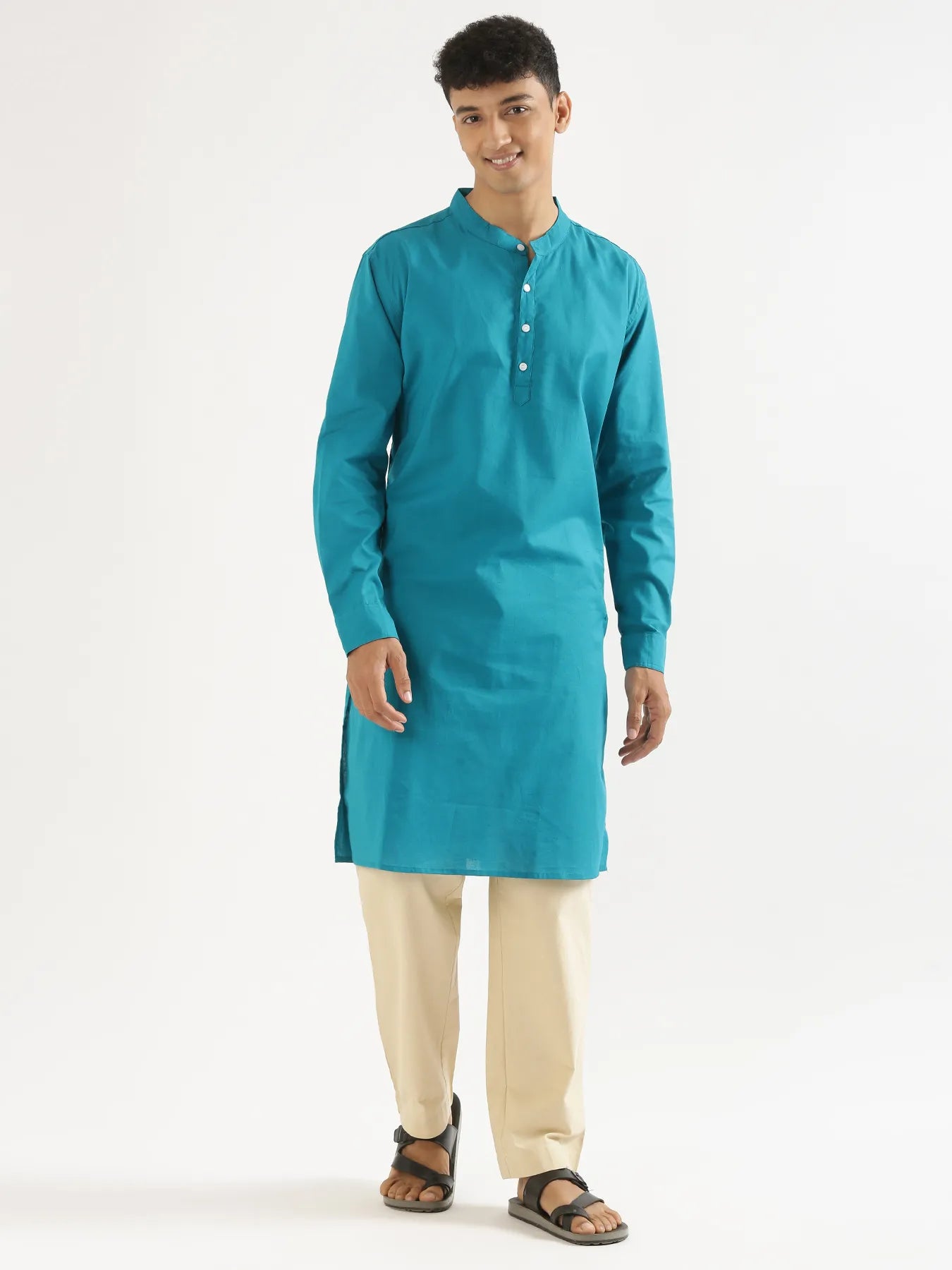 Men Teal Airy Linen Long Kurta