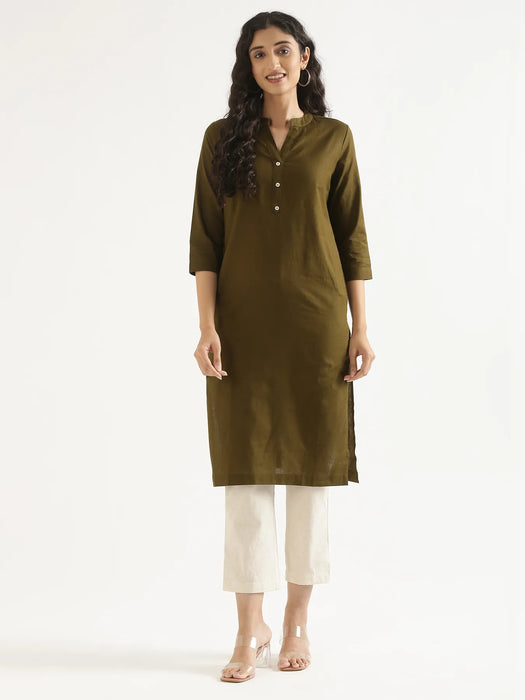 Women Olive Green Airy Linen Long Kurta