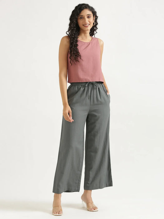 Women German Grey Flowy Linen Wide Leg Pants