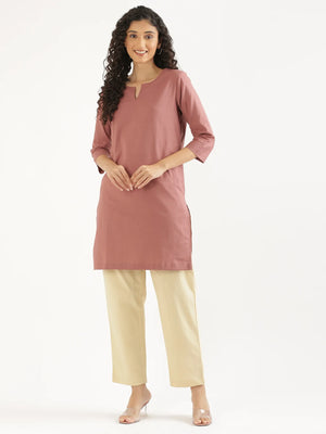 Women Rose Taupe Airy Linen Mid Thigh Length Kurta