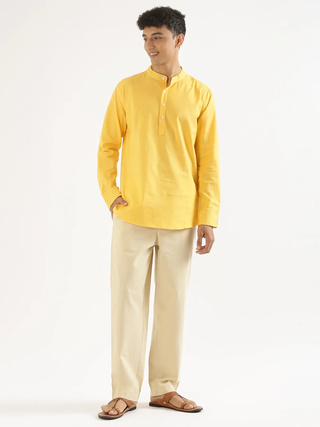 Men Yellow Airy Linen Short Kurta