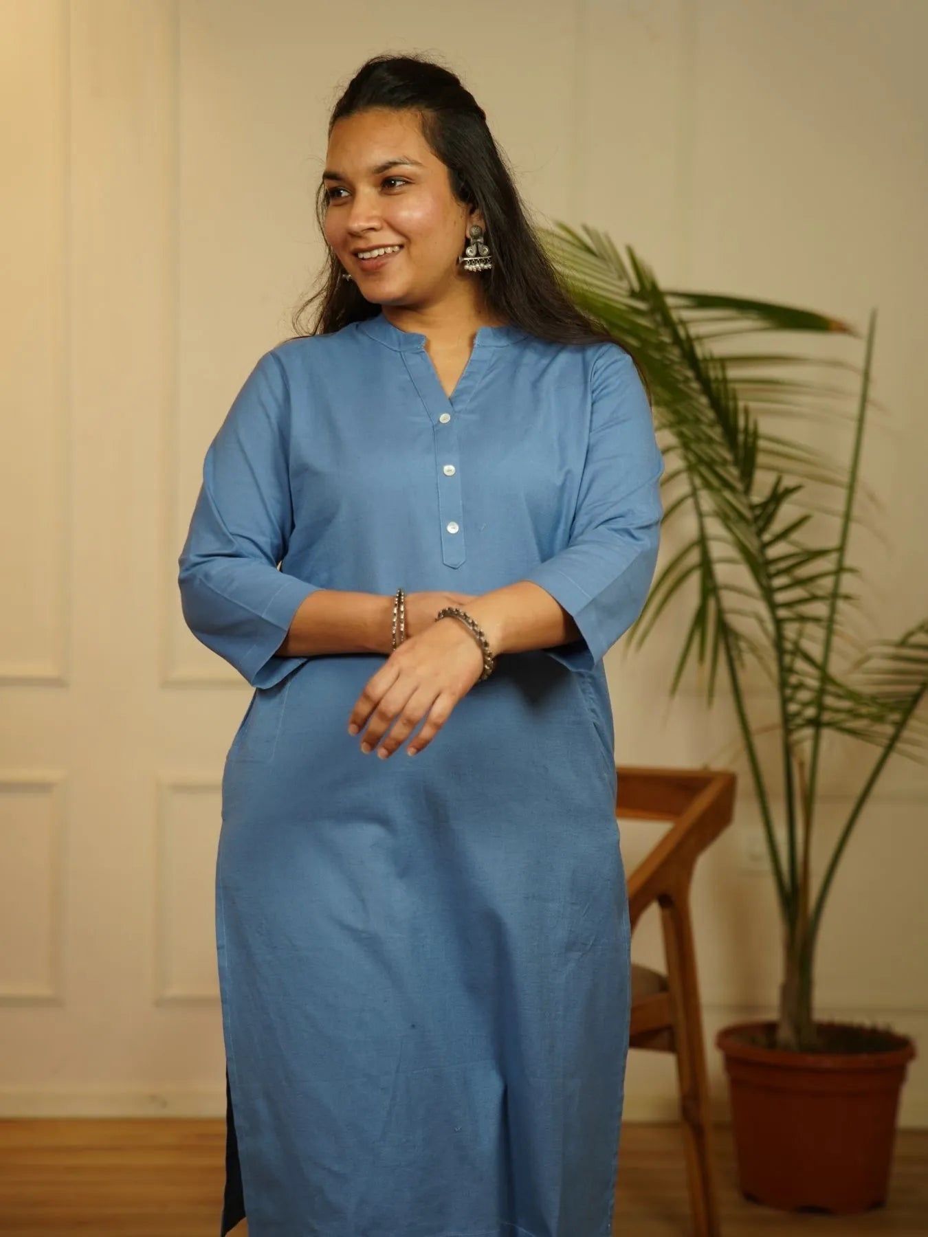 English Blue Airy Linen Long Kurta Co-ord Set