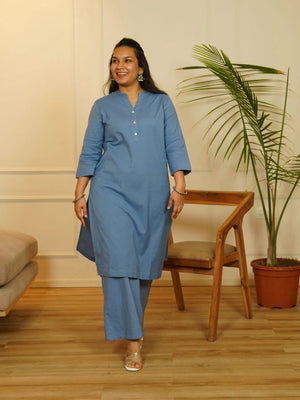 English Blue Airy Linen Long Kurta Co-ord Set