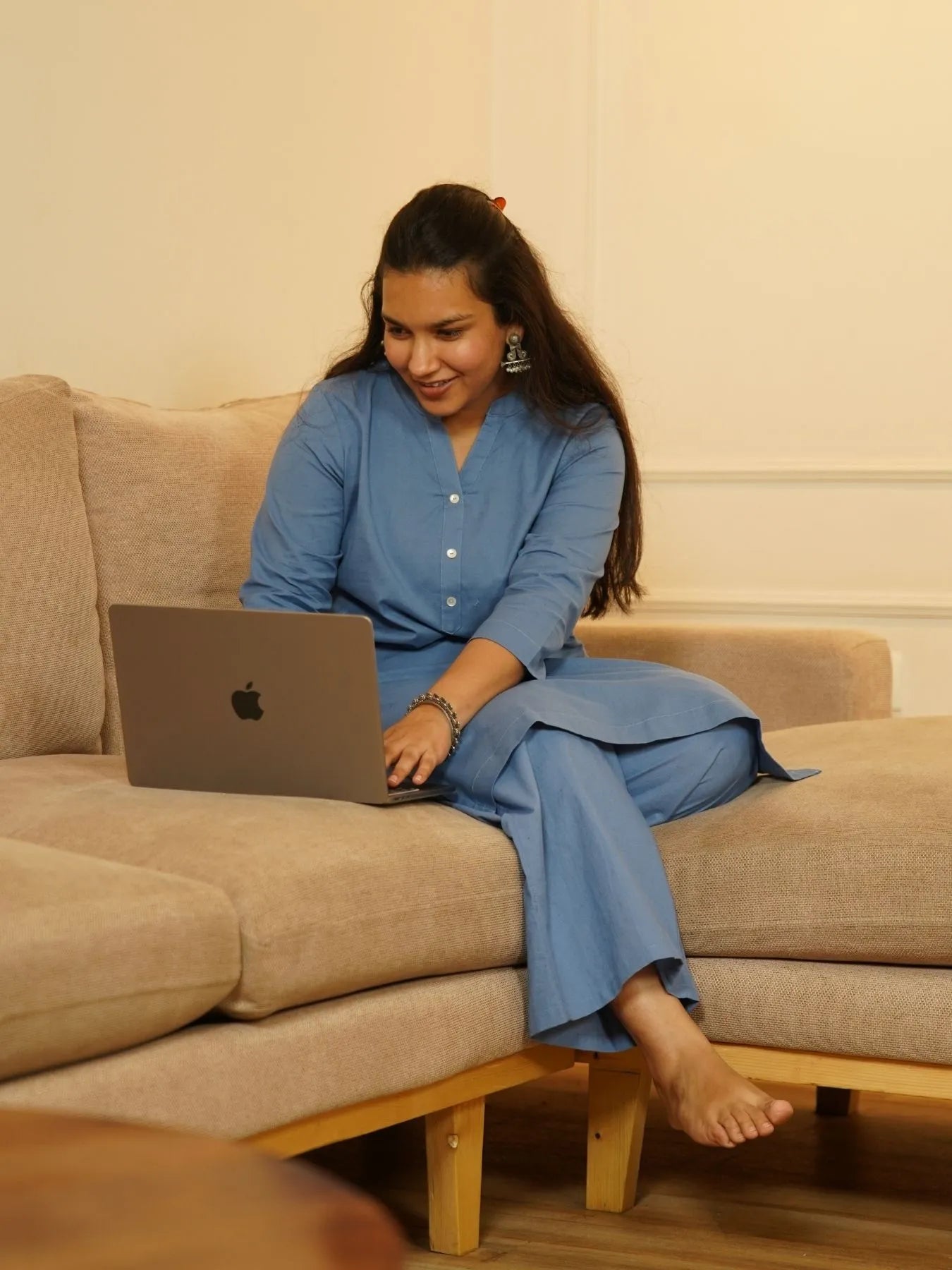 English Blue Airy Linen Long Kurta Co-ord Set