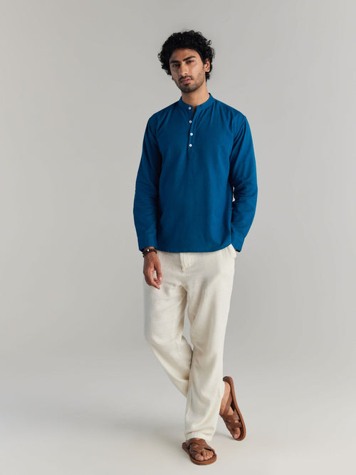 Men Turquoise Airy Linen Short Kurtas