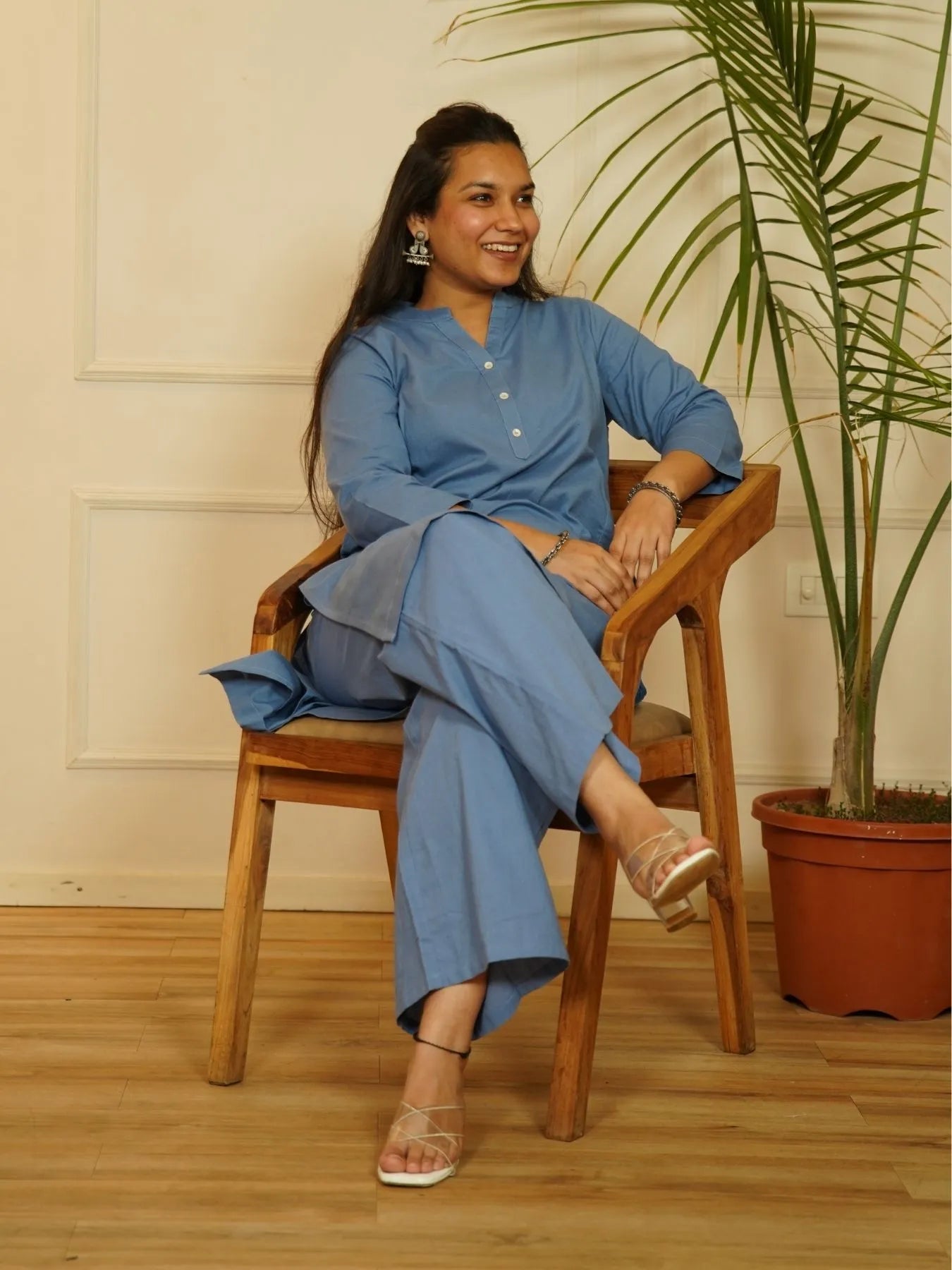 English Blue Airy Linen Long Kurta Co-ord Set