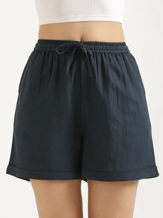 Women Navy Blue Flowy Linen Shorts