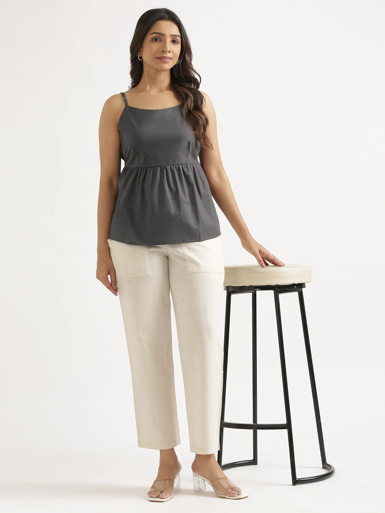 Women Dark Grey Better Cotton Peplum Top