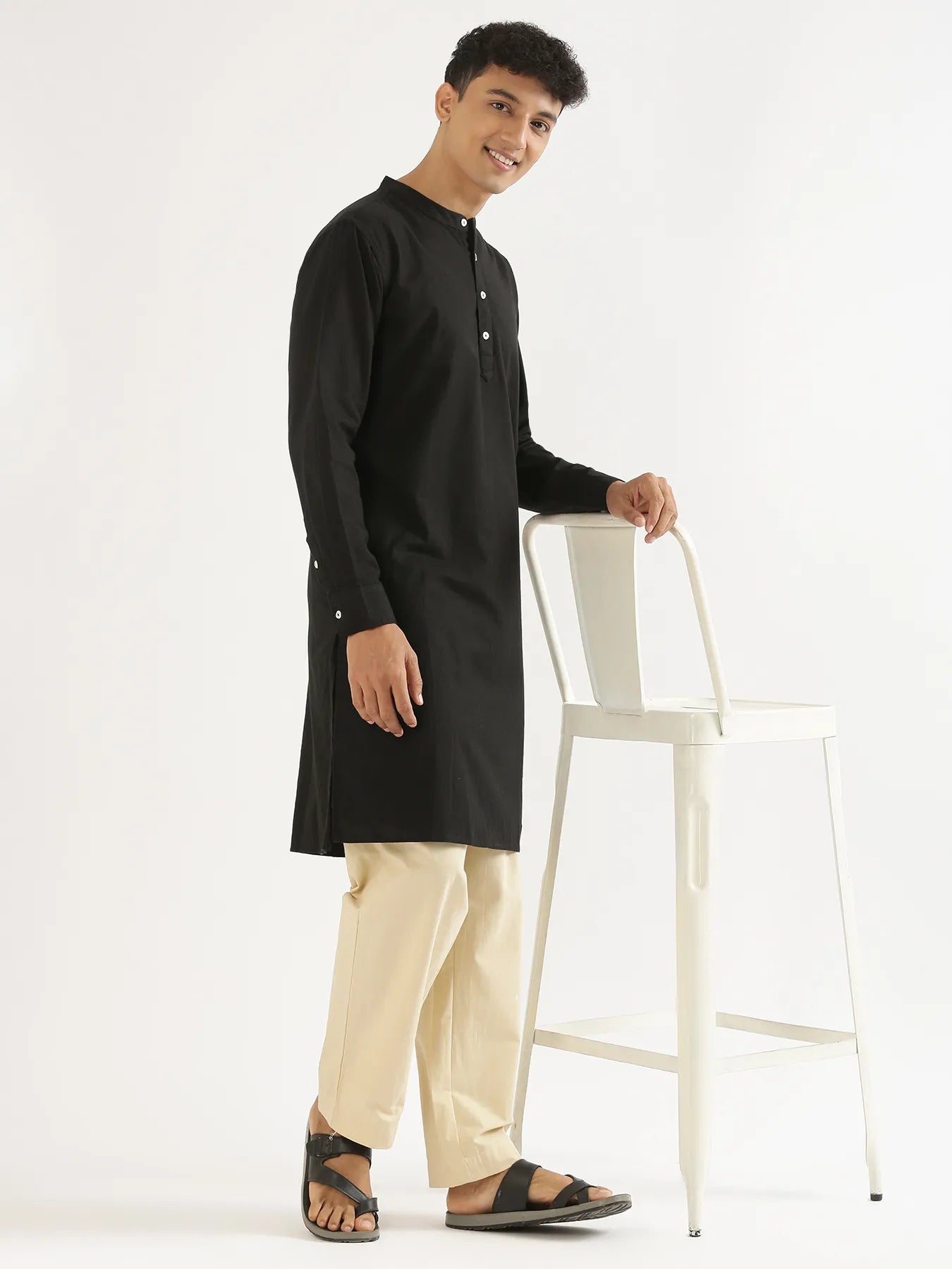 Men Black Airy Linen Long Kurta