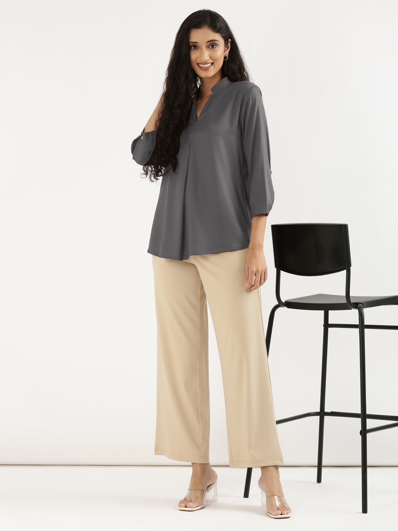 Grey Viscose Pleated Top