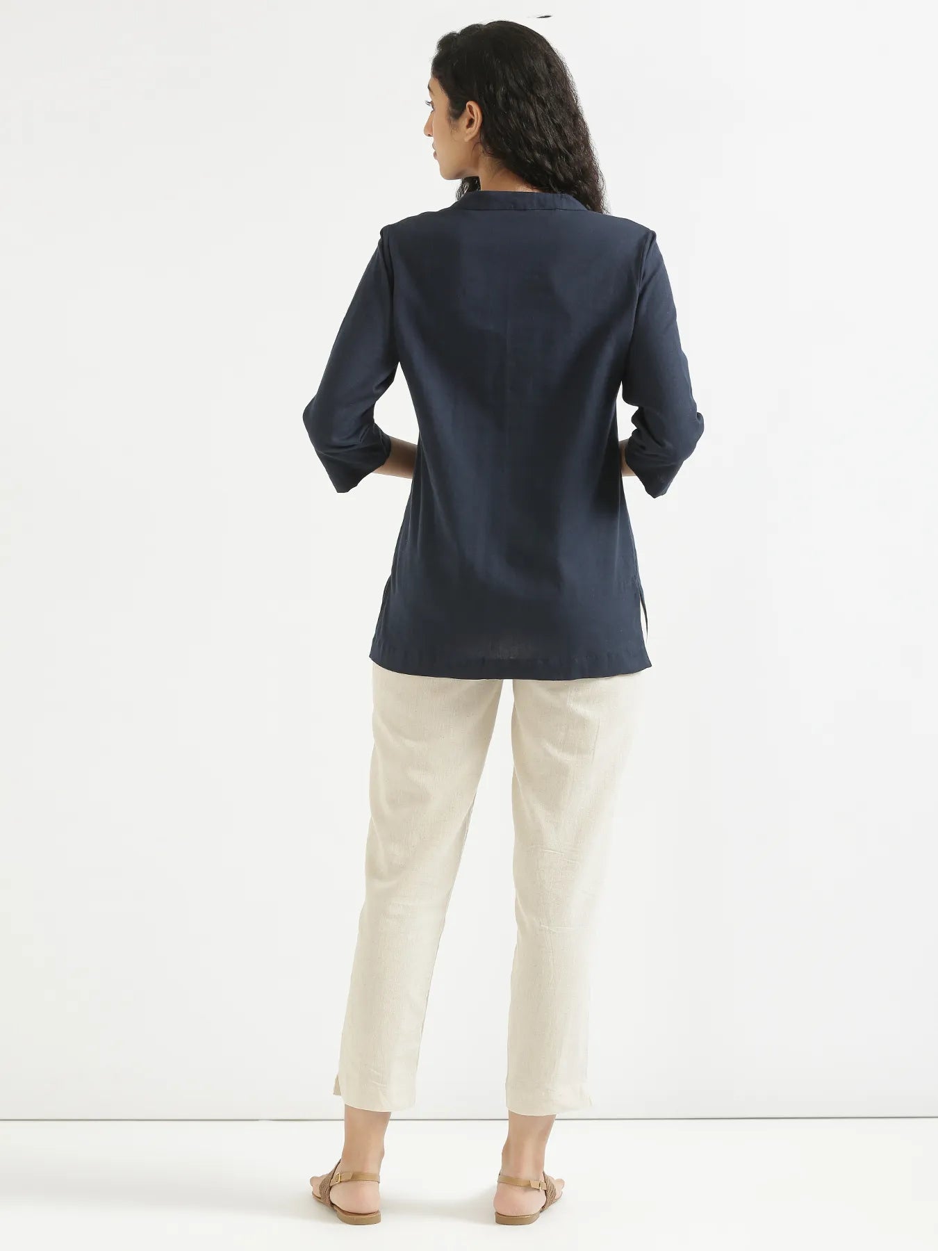 Women Navy Blue Airy Linen Short Kurta