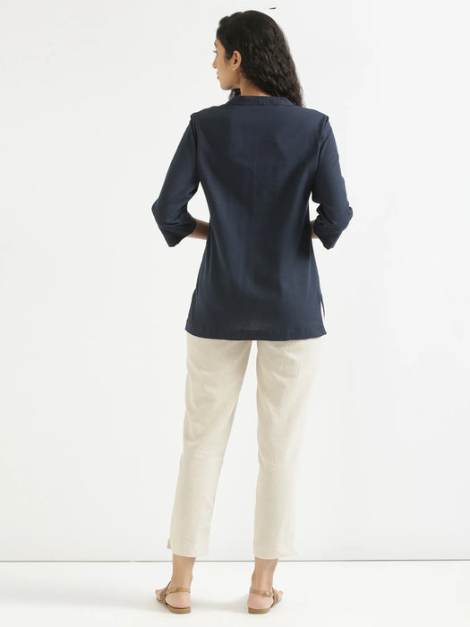 Women Navy Blue Airy Linen Short Kurta