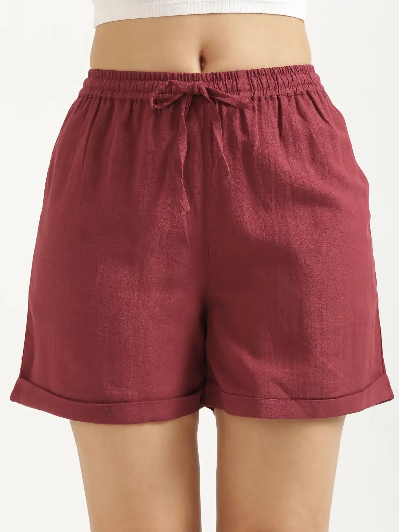 Women Maroon Flowy Linen Shorts