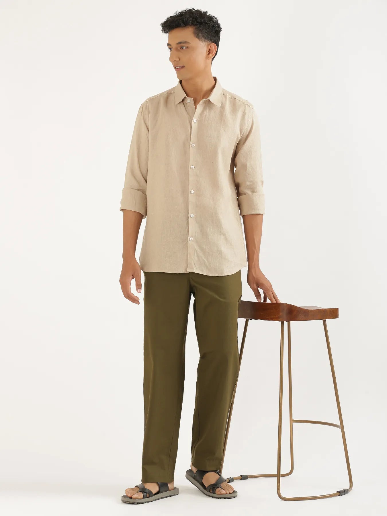 Men Taupe Pure Linen Full Sleeve Shirt
