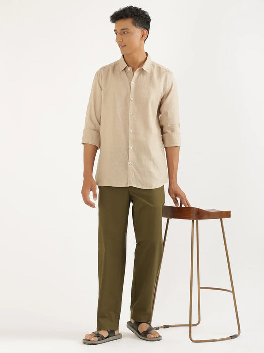 Men Taupe Pure Linen Full Sleeve Shirt