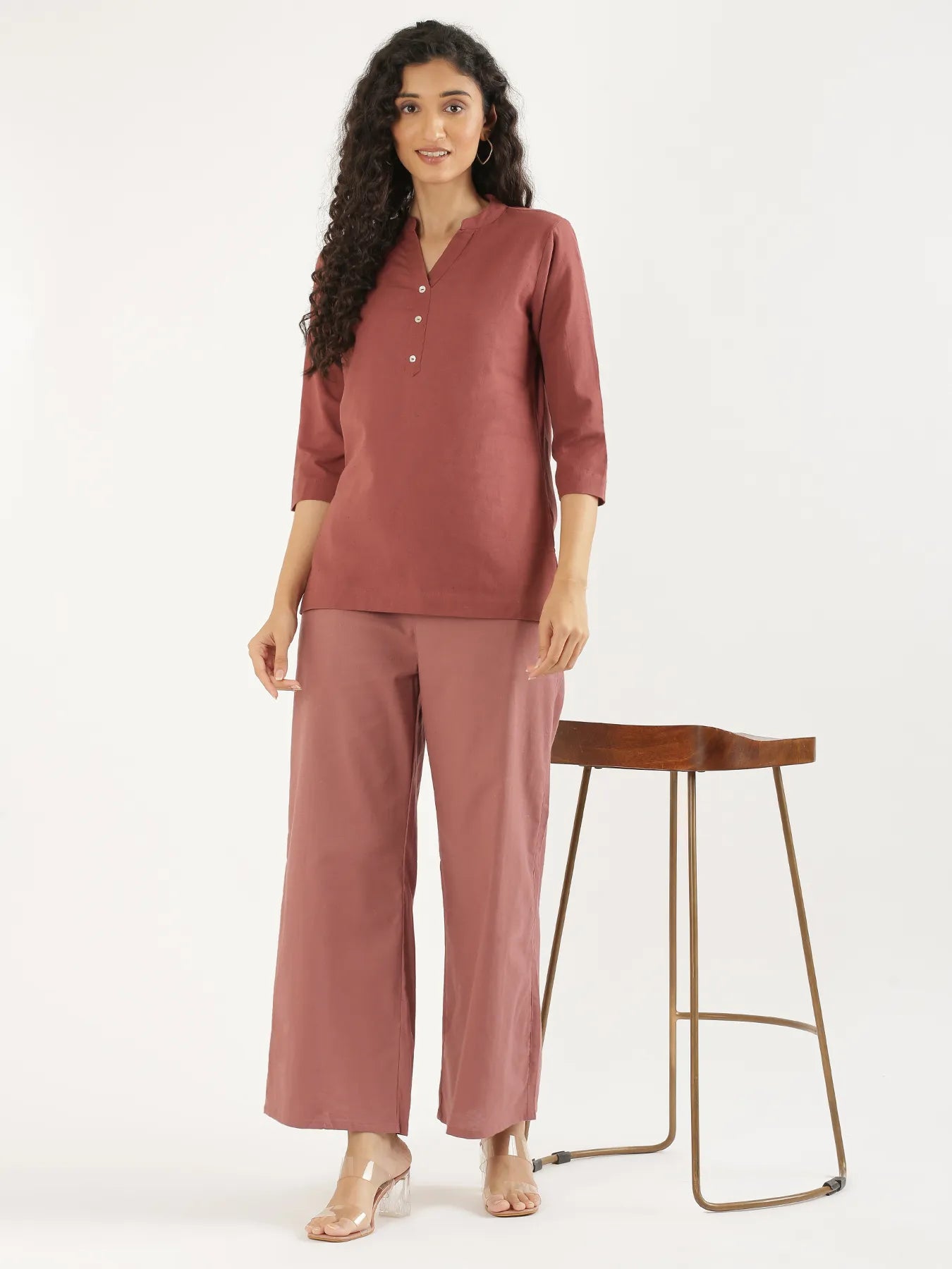 Women  Rose Taupe Airy Linen Wide Leg Pant