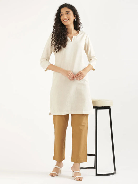 Women Ecru Airy Linen Mid Thigh Length Kurta