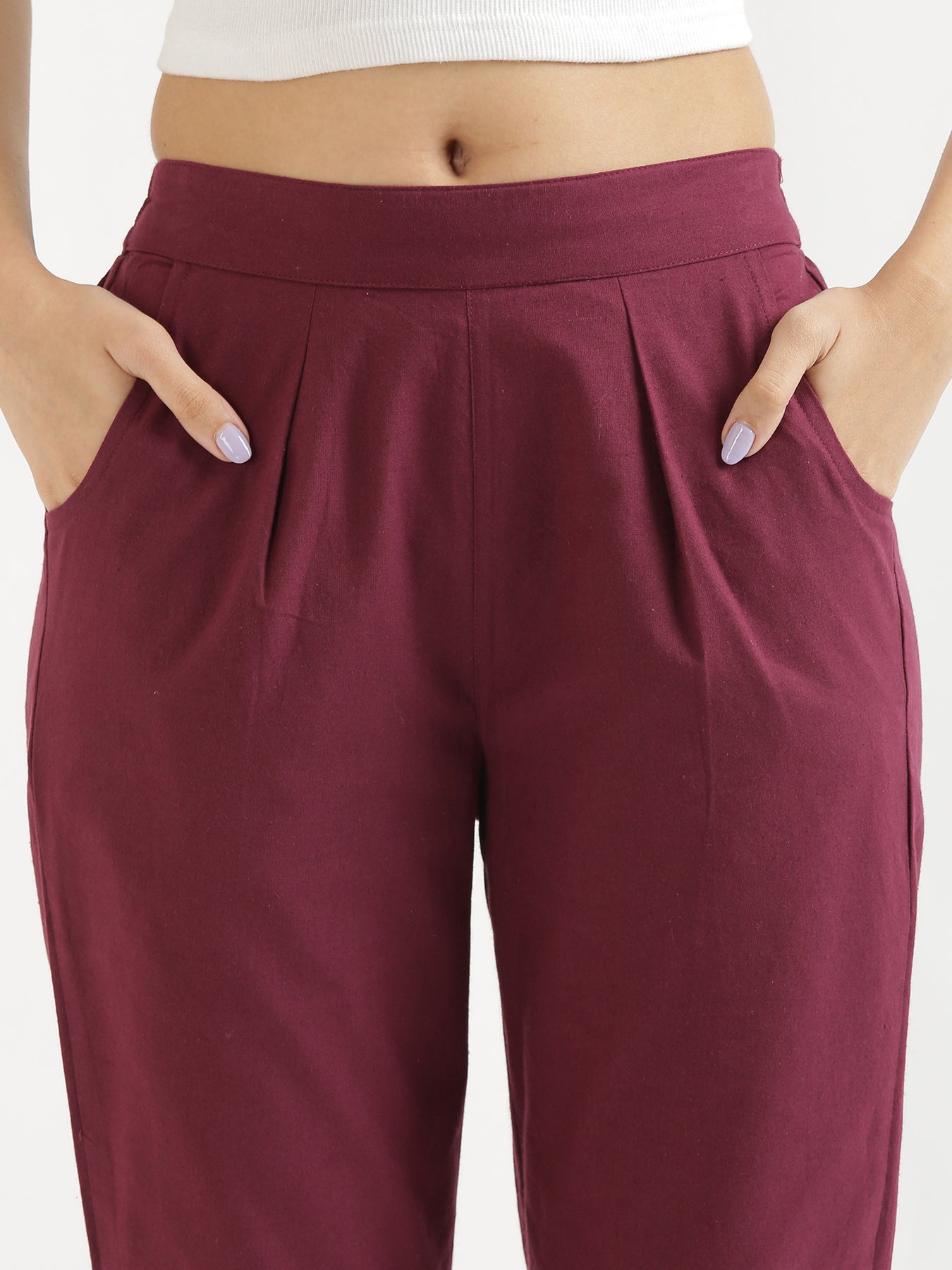 Ecru Short Kurta with Wine Cotton Pant