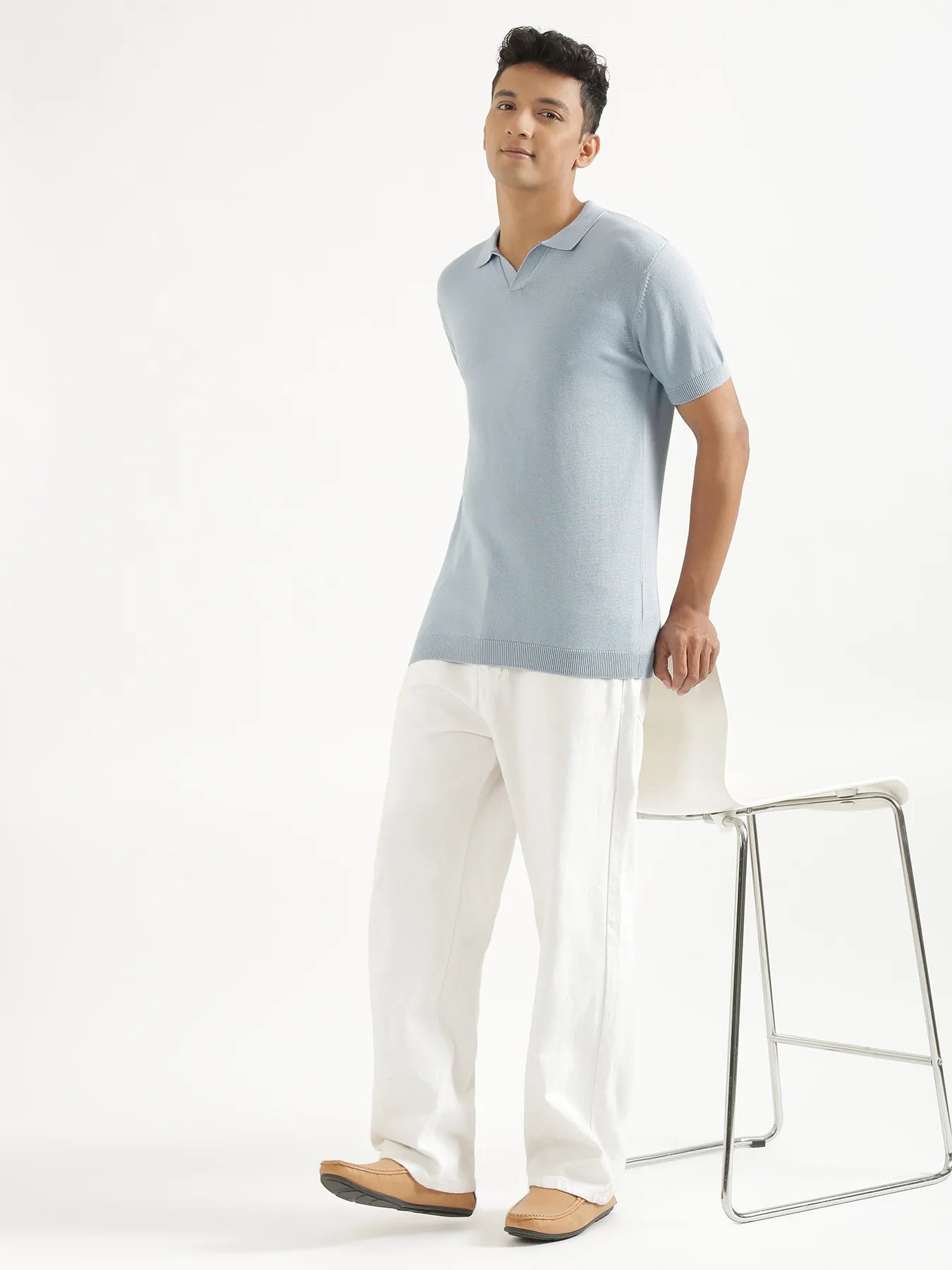 Men Light Blue Flat Knit Polo