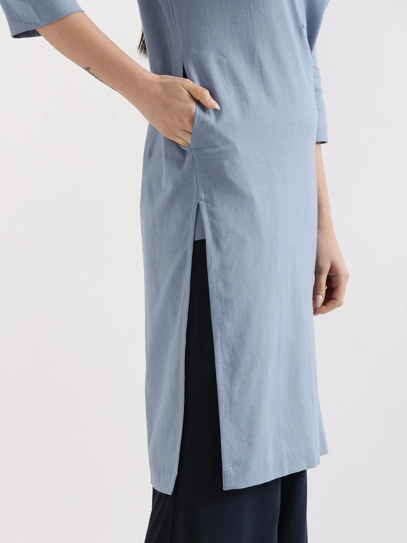Women English Blue Airy Linen Long Kurta