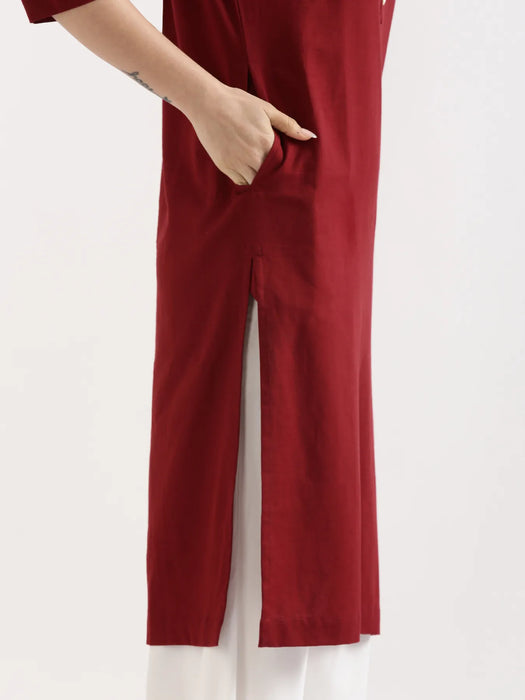 Women Maroon Airy Linen Long Kurta & White Viscose Palazzo Pant Set