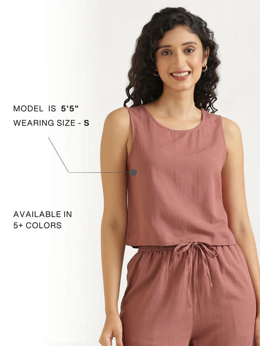 Women Rose Taupe Flowy Linen Crop Top