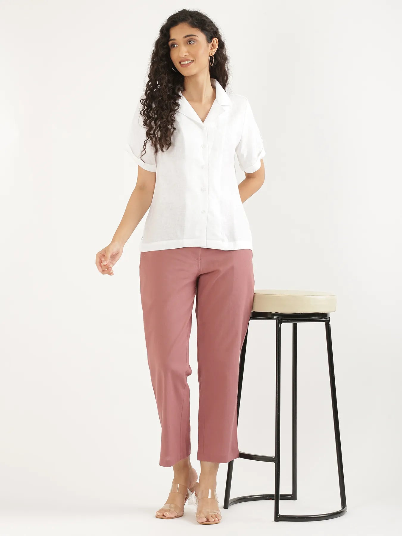 Women White Pure Linen Notch Collar Shirt