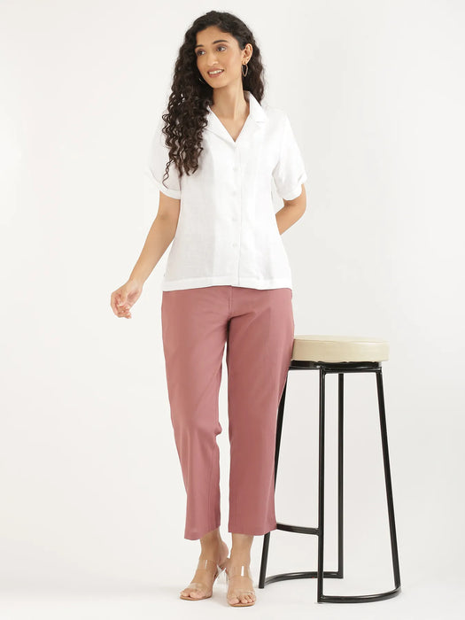 Women White Pure Linen Notch Collar Shirt