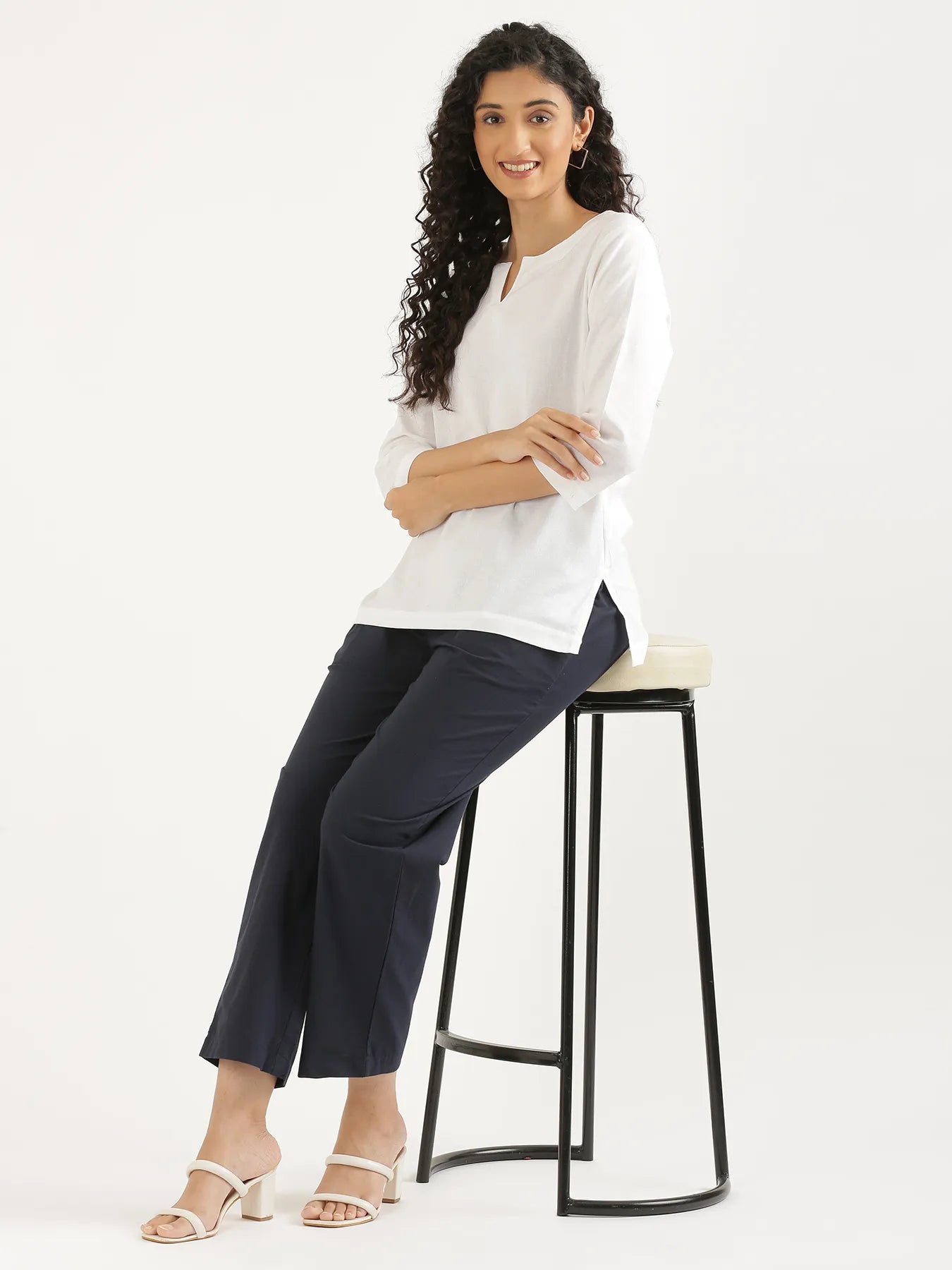 Women White Airy Linen Split Neck Short Kurta