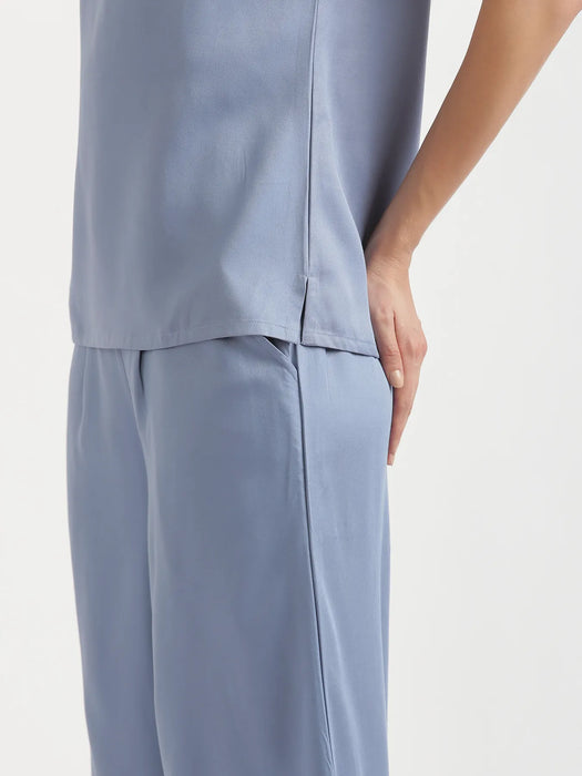 Women English Blue V-Neck Sleeveless Top