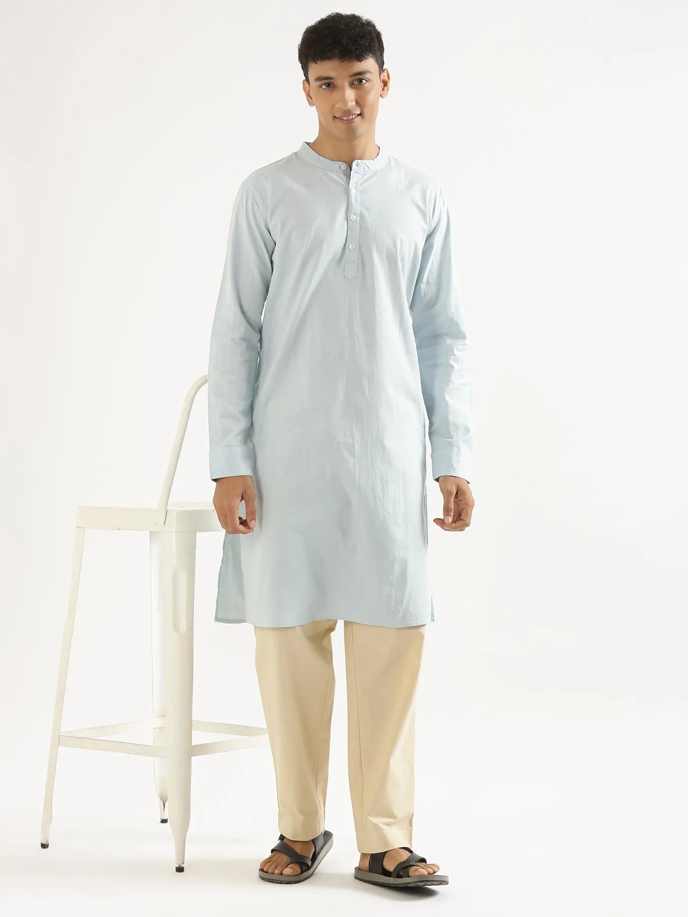 Men Sky Blue Airy Linen Long Kurta