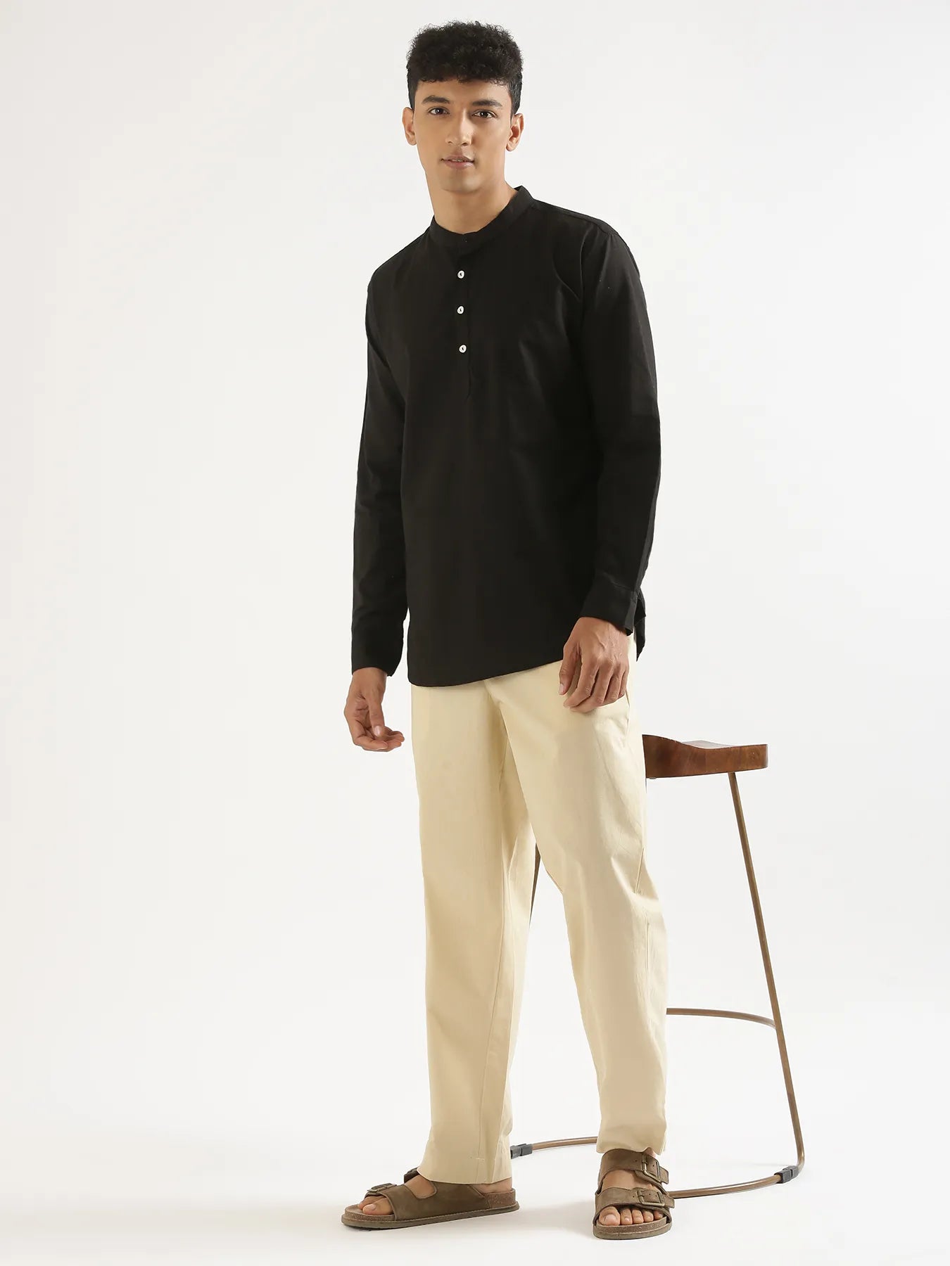 Men Black Airy Linen Short Kurta