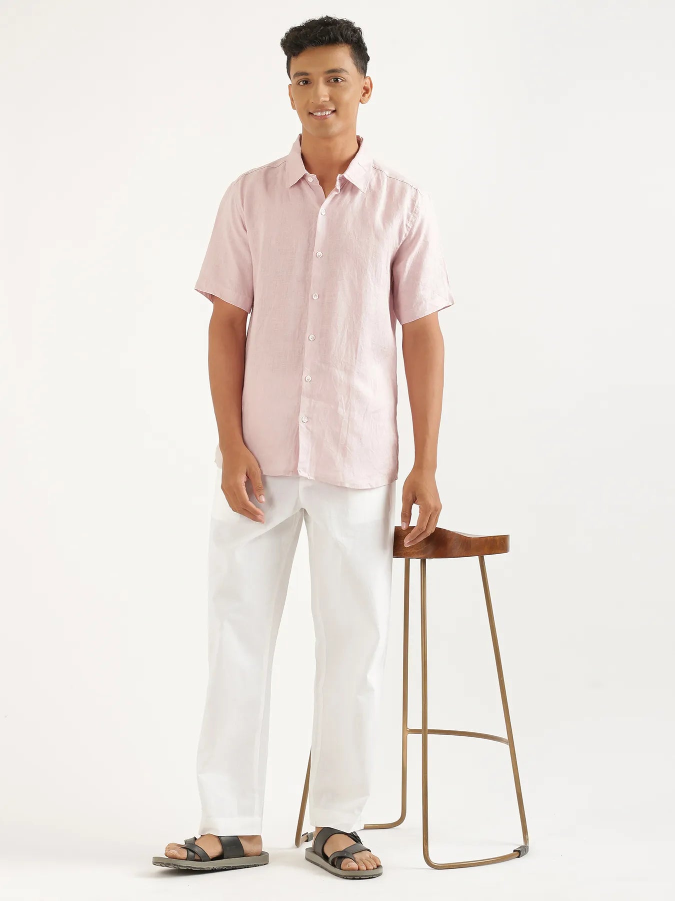 Men Light Pink Pure Linen Short Sleeve Shirt