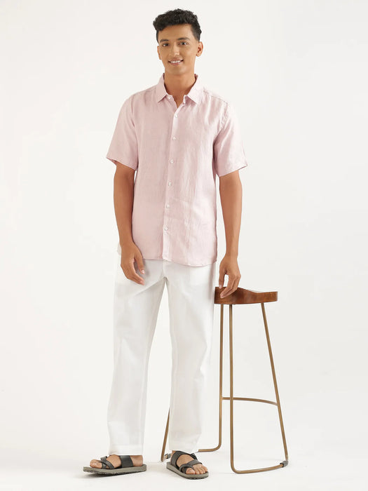 Men Light Pink Pure Linen Short Sleeve Shirt