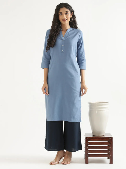Women English Blue Airy Linen Long Kurta