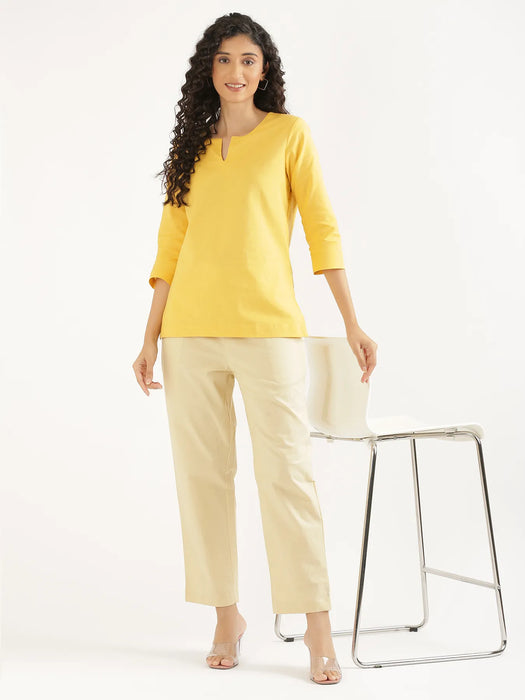 Women Yellow Airy Linen Split Neck Short Kurta