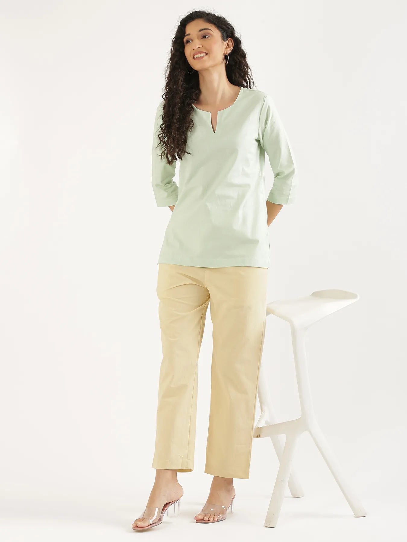 Women Mint Green Airy Linen Split Neck Short Kurta