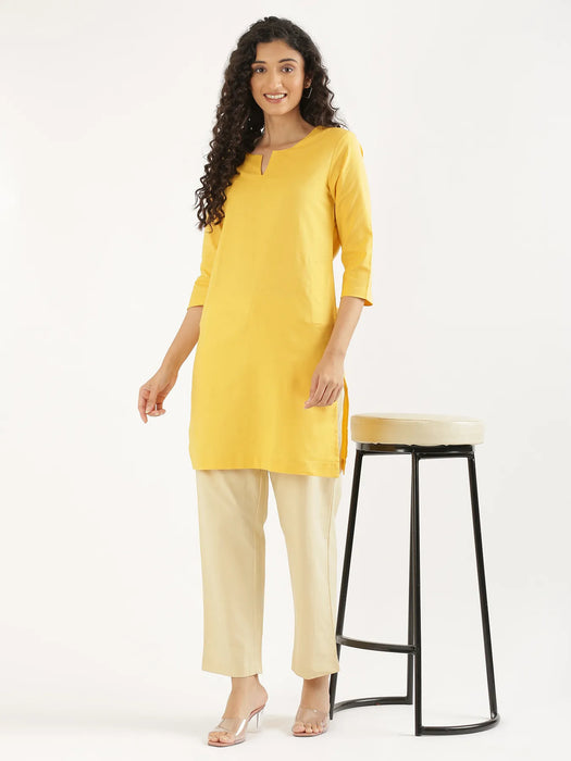 Women Yellow Airy Linen Mid Thigh Length Kurta